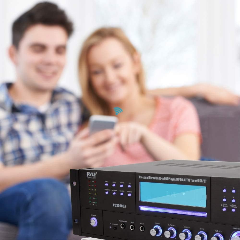Pyle 4 Channel Bluetooth Home Amplifier - Front Loading DVD/CD Player - 3000W Peak Stereo Receiver - 2 Mic Inputs w/ Echo, FM Radio,Optical In,USB,RCA,Composite, LED Level Meter, Rack Mount - PD3000BA