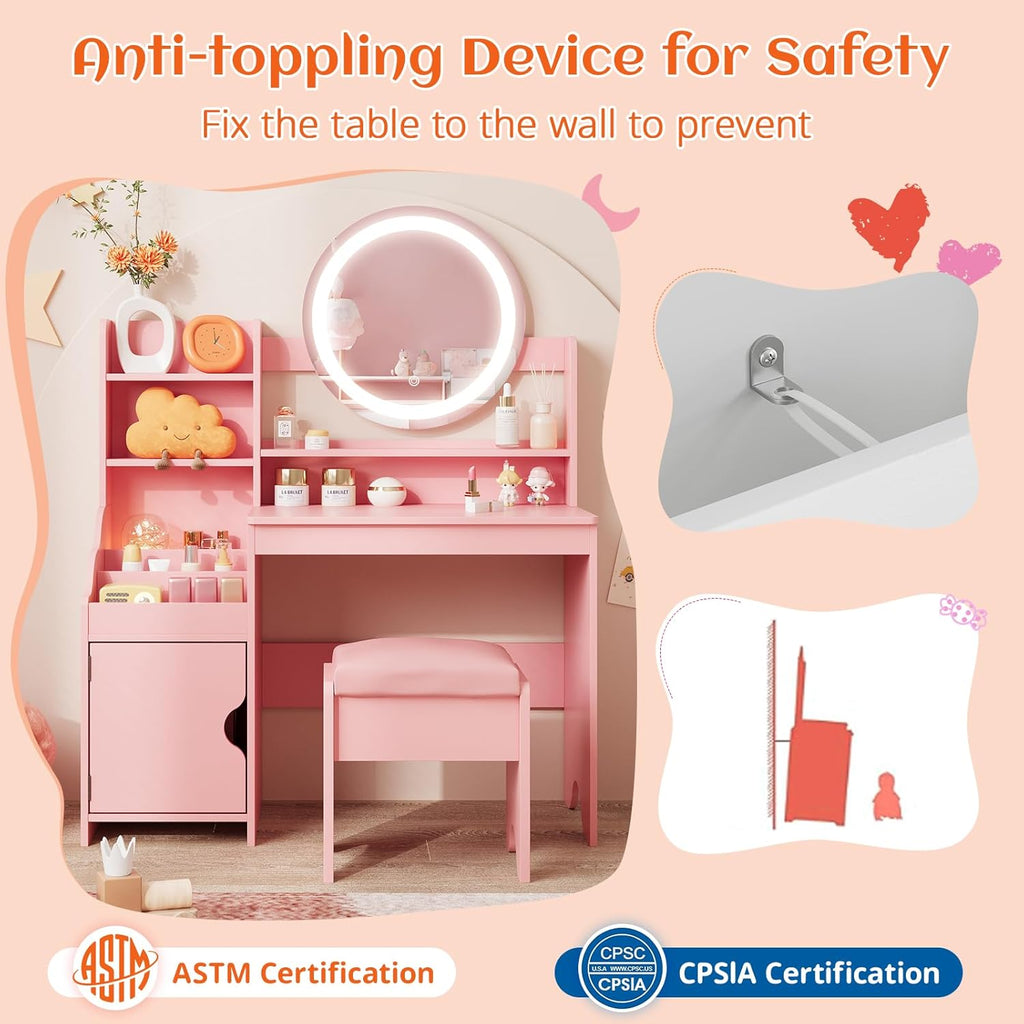 Vabches Kids Vanity with Lights, Princess Makeup Vanity Desk with Open Bookshelf, Storage Cabinet & Shelves, Toddler Vanity Table and Chair Set, Pretend Play Vanity Set for Little Girls, Pink
