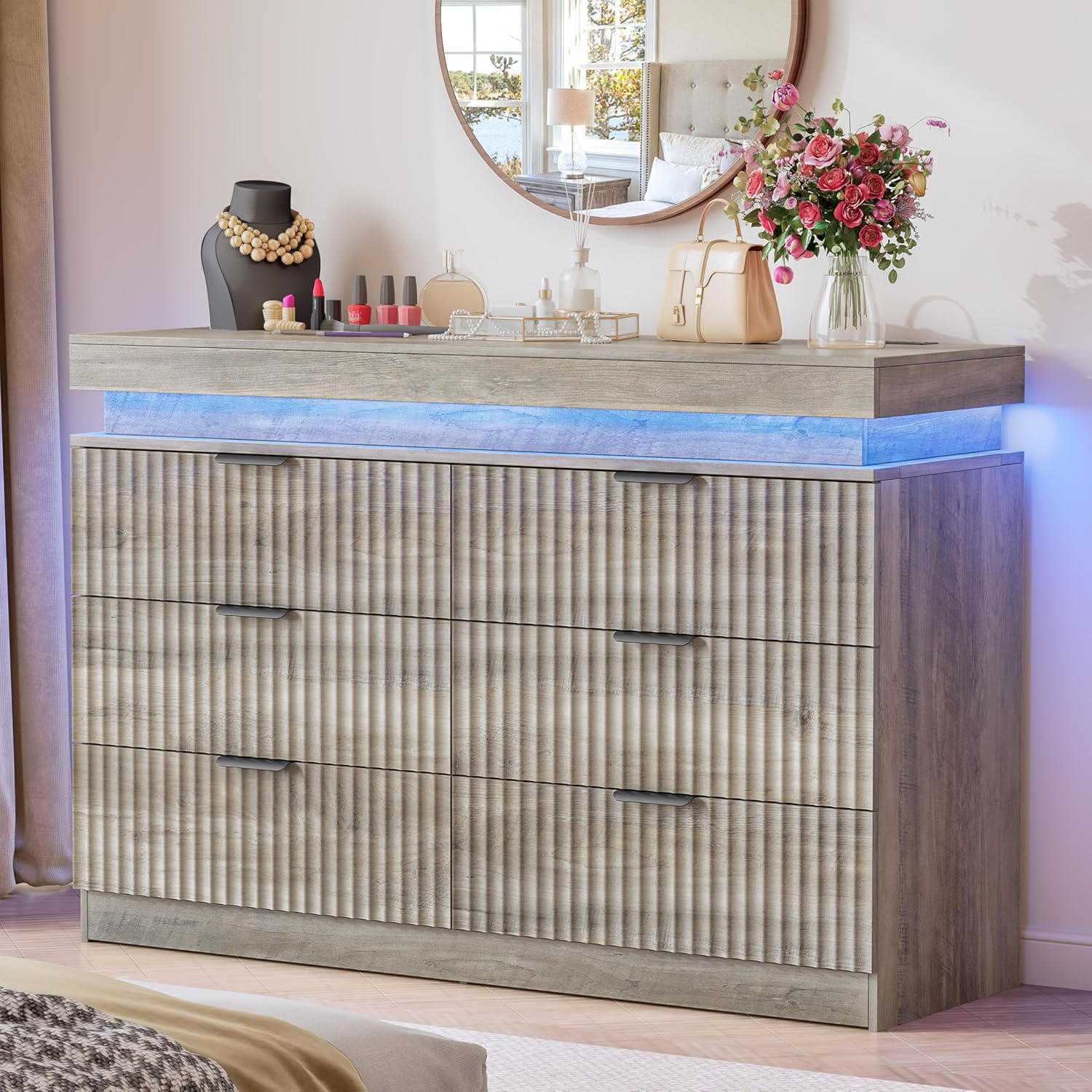 Dresser for Bedroom with RGB LED Lights and Charging Station, 6 Drawers Wooden Chest of Drawers, 47.2" Wide Fluted TV Stand, Closet Clothes Storage Organizer for Living Room, Hallway, Grey