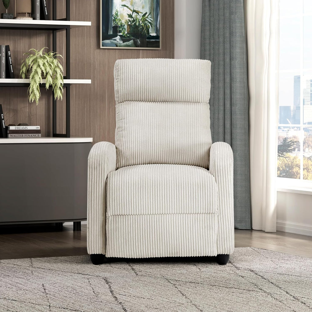 Lexicon Corduroy Pushback Recliner Chair Armchair Push Back Recliner, Solid Wood Frame and Metal Base, Easy Assembly Small Soft Single Sofa Accent Chair for Living Room/Office/Apartment, Beige