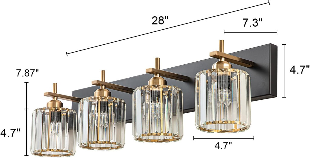 Black Gold Crystal Bathroom Vanity Light, Modern 4-Lights Bathroom Light Fixtures Over Mirror, Crystal Wall Lighting with Polished Gold Finish