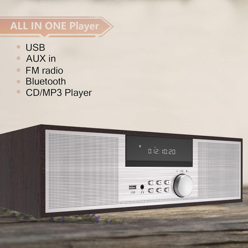 LONPOO Stereo Shelf System for Home, Vintage CD Player 40W RMS Micro Mini System with Remote Control, Bluetooth, FM Radio, USB MP3 Playback & Aux-in,Silver