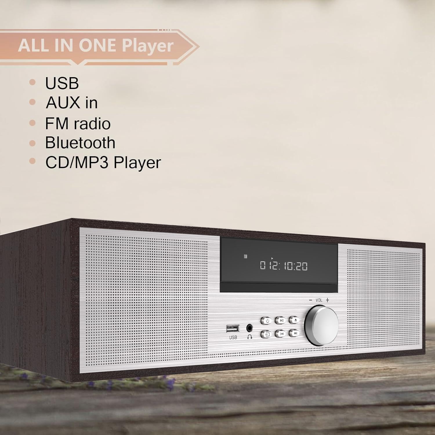 LONPOO Stereo Shelf System for Home, Vintage CD Player 40W RMS Micro Mini System with Remote Control, Bluetooth, FM Radio, USB MP3 Playback & Aux-in,Silver