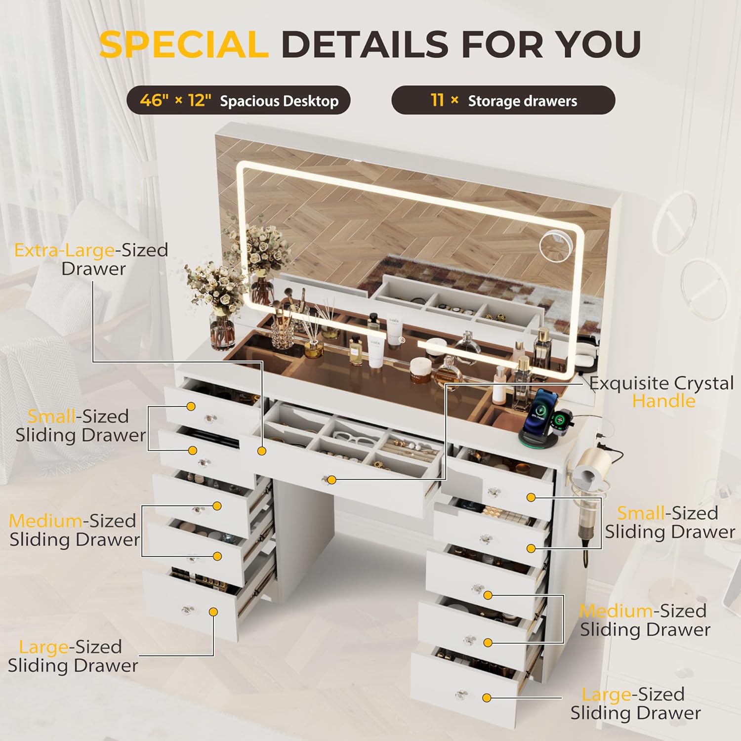 Otterease White Makeup Vanity, 11 Drawers Vanity Mirror with Lights, Makeup Vanity Desk with 3 Lighting Modes Adjustable Brightness, Vanity with Glass Top for Bedroom
