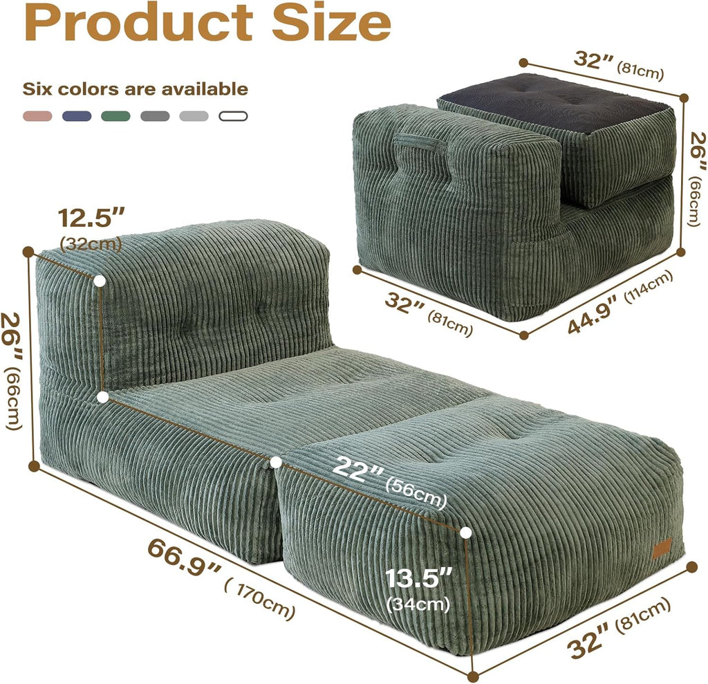 Big Bean Bag Chair for Adults, 66.9"x31.5" Lounger Large Bean Bag Sofa, Memory Foam Filled Beanbag Chair for Living Room, Bedroom, Balcony - Ergonomic Support & Premium Comfort (Green)