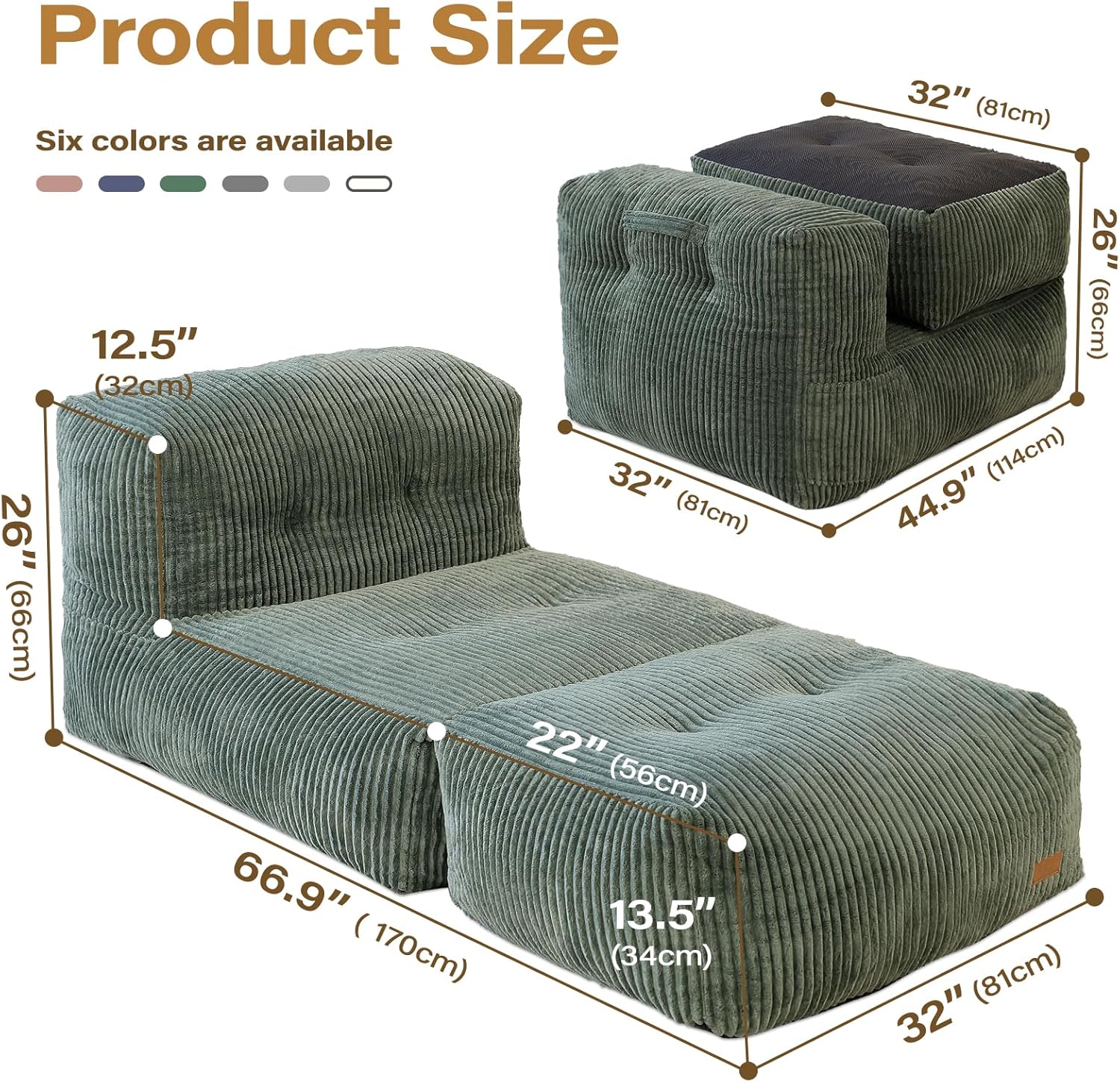 Big Bean Bag Chair for Adults, 66.9"x31.5" Lounger Large Bean Bag Sofa, Memory Foam Filled Beanbag Chair for Living Room, Bedroom, Balcony - Ergonomic Support & Premium Comfort (Green)