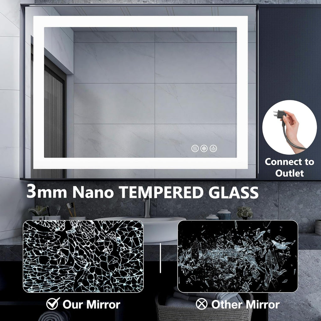 NEWBULIG 36"x36" Smart Anti-Fog LED Bathroom Mirror with Front Light & Backlit, 3 Color Modes, Dimmable, Memory Function, Wall-Mounted Modern Rectangular Vanity Mirror, White