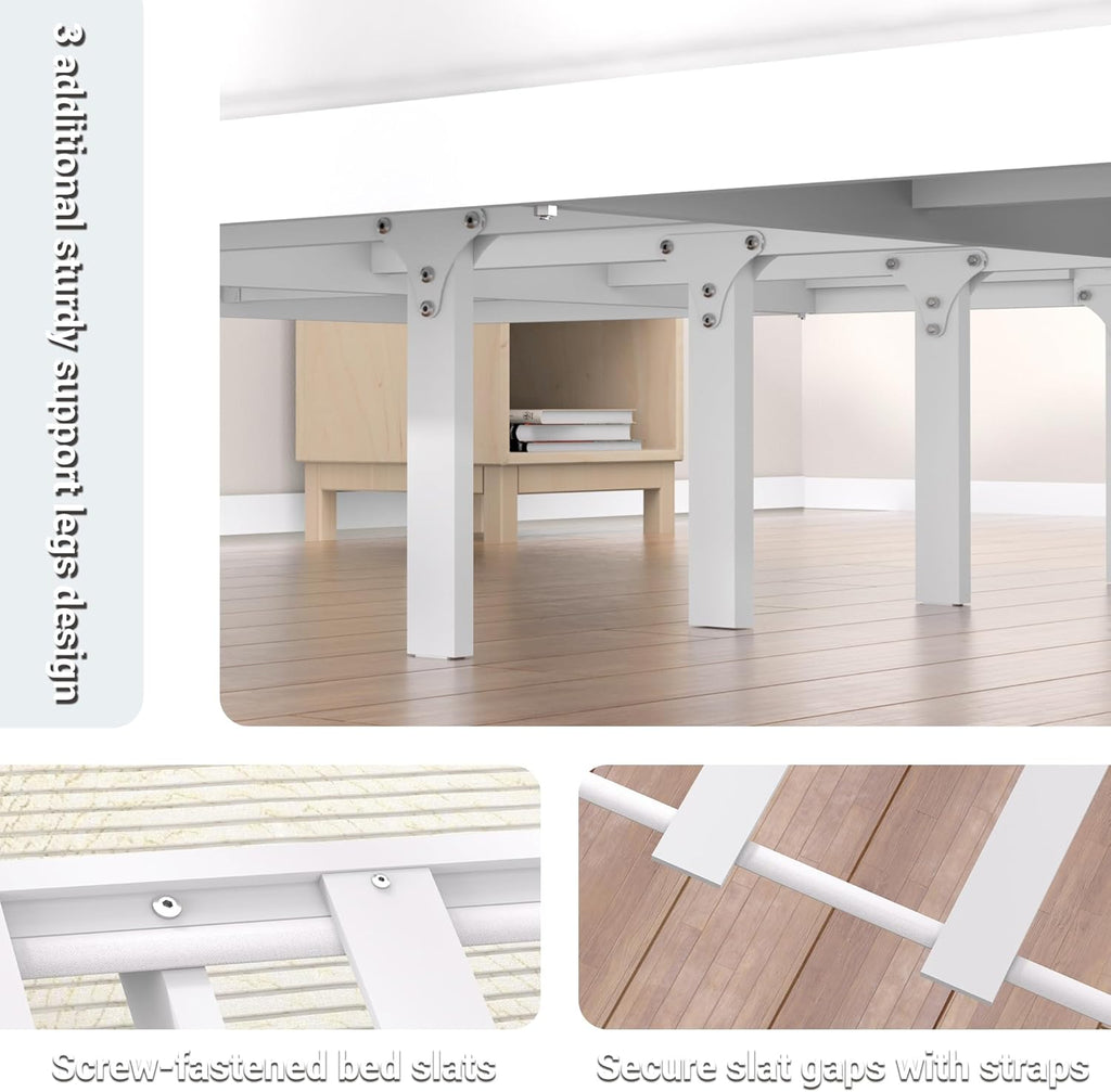 Bamboo Wood Bed Frame 14" Queen Size Platform Bed with Non-Slip Slats Support, No Box Spring Needed, Smooth Finish Bed with Under Bed Storage for Dorm & Bedroom, White