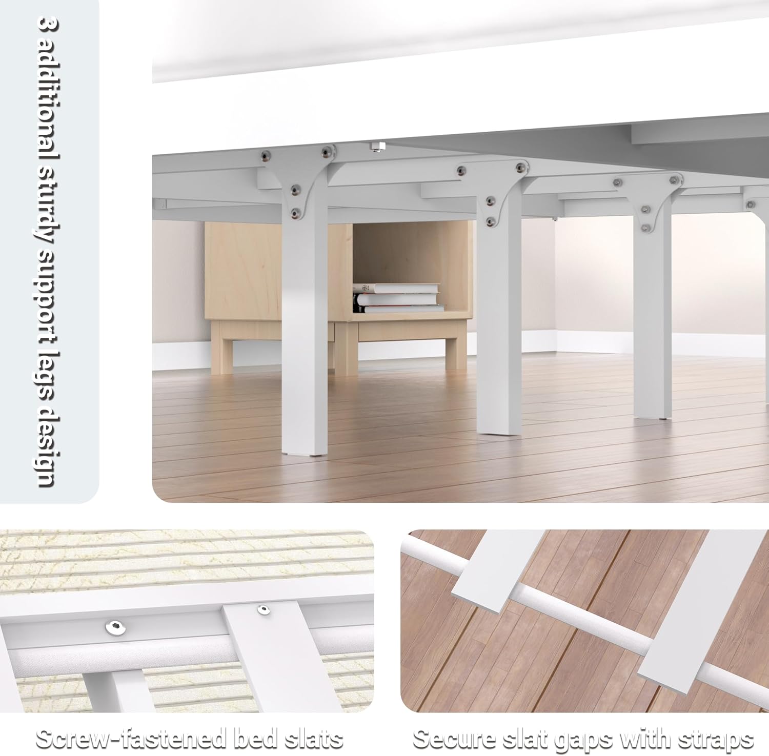 Bamboo Wood Bed Frame 14" Queen Size Platform Bed with Non-Slip Slats Support, No Box Spring Needed, Smooth Finish Bed with Under Bed Storage for Dorm & Bedroom, White