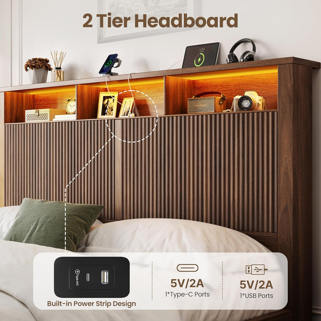 CypBed King Size Bed Frame and Headboard& 2 Storage Drawers, King Bed Frame with LED Light and Charging Port, Farmhouse Wavy Design, Wood & Metal Platform, Noise-Free, No Box Spring Needed, Walnut