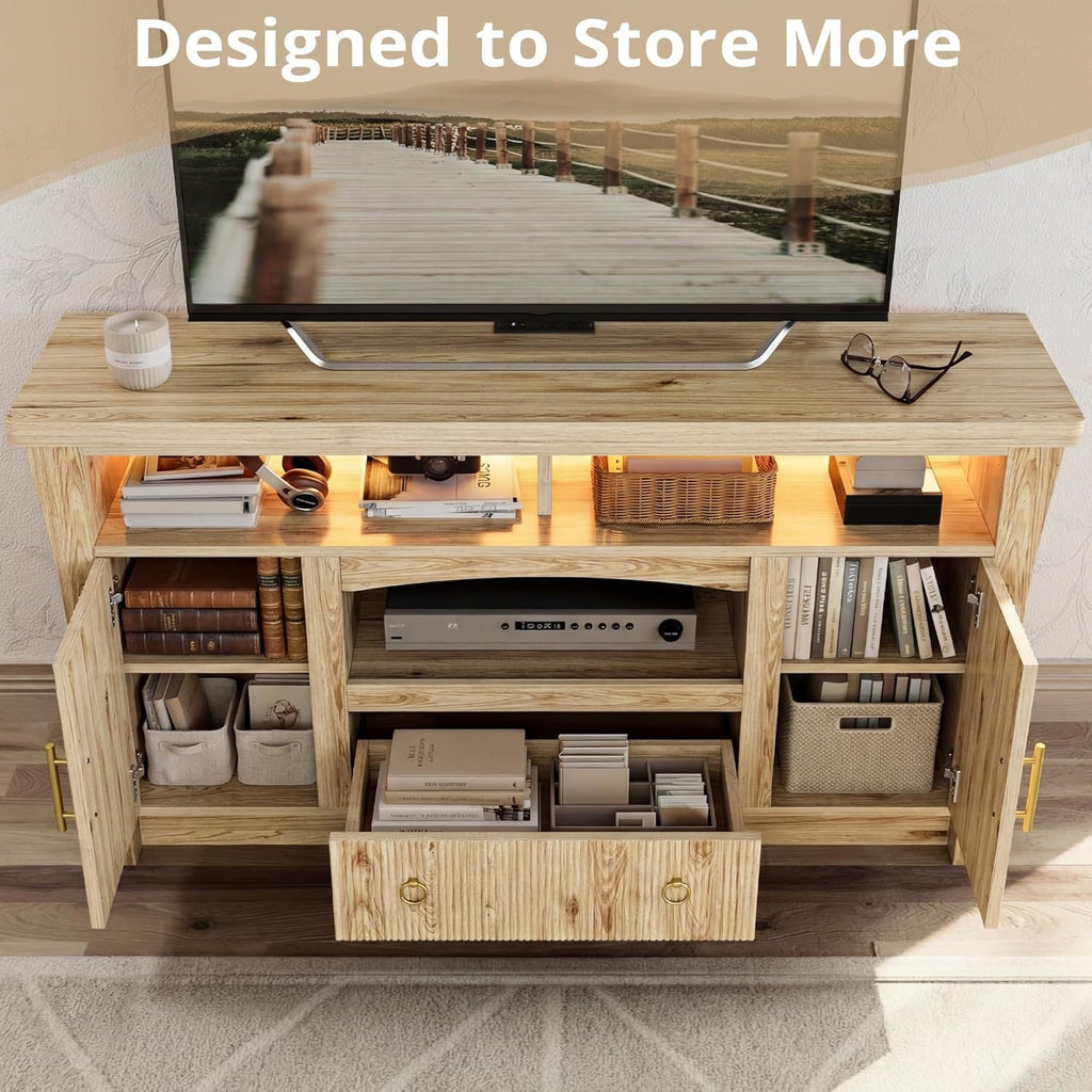LIKIMIO TV Stand for 65 inch TVs, Entertainment Center with Power Outlet and Led Lights, TV Console with Storage Cabinets and Drawer, TV Stands for Living Room