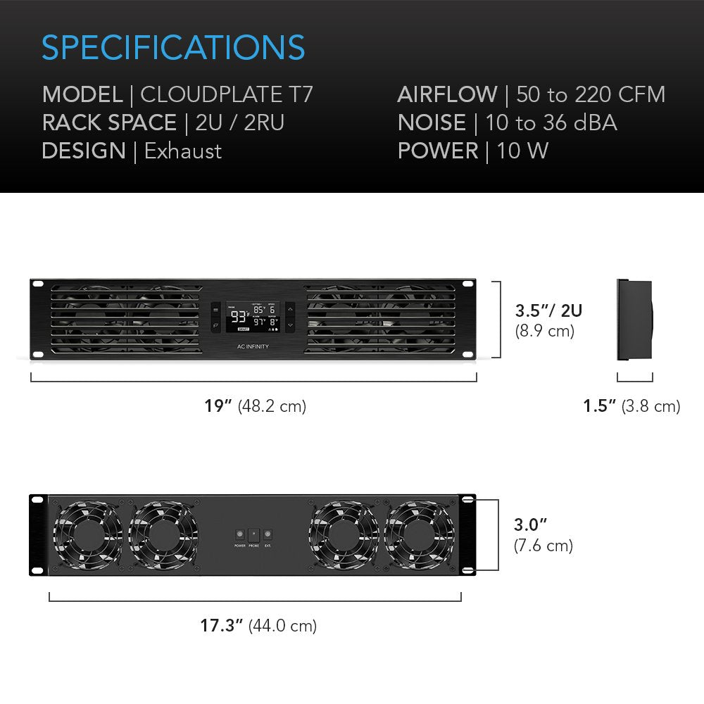 AC Infinity CLOUDPLATE T7, Rack Mount Fan Panel 2U, Exhaust Airflow, for Cooling AV, Home Theater, Network 19” Racks