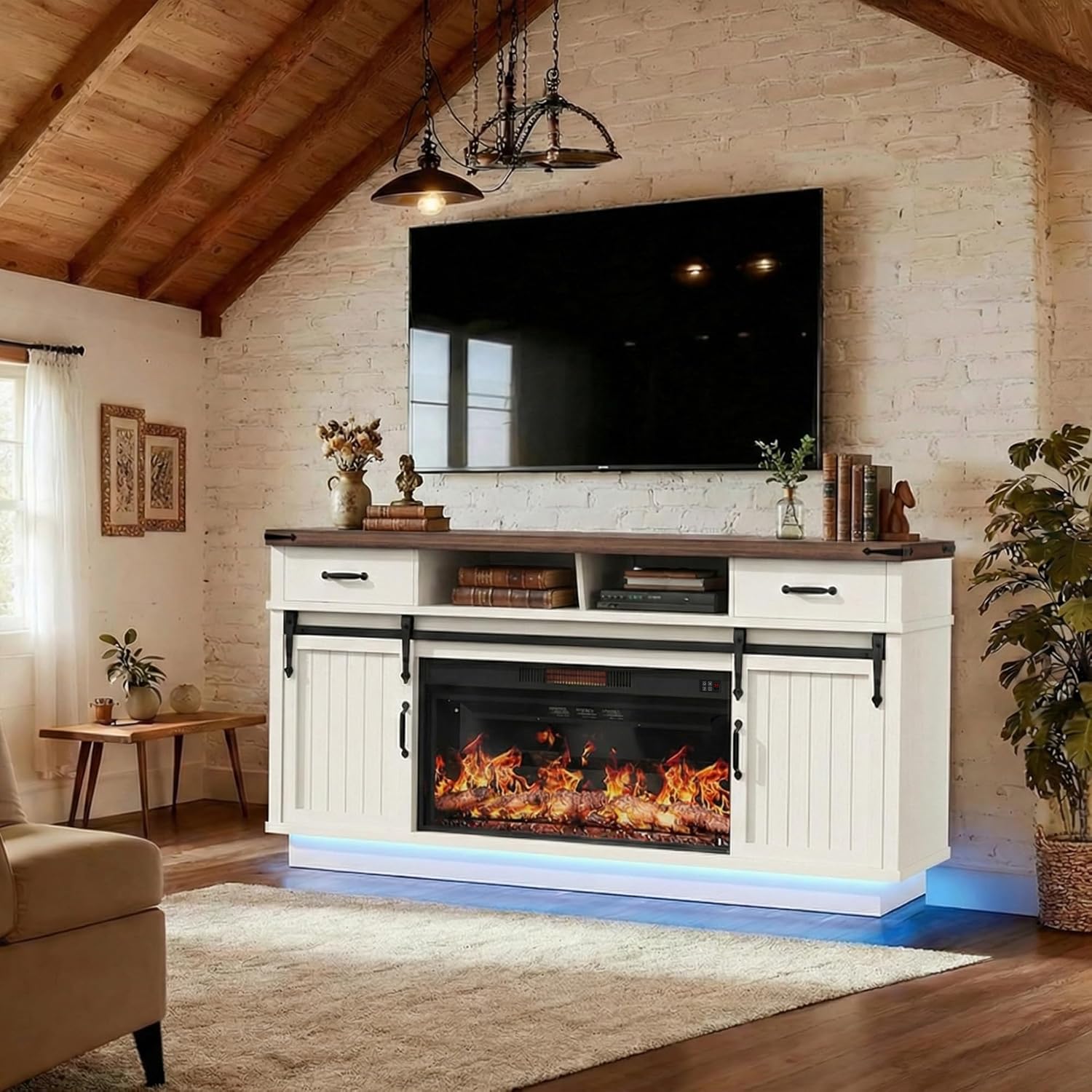 Jocoevol 70'' Fireplace TV Stand with 36'' Electric Fireplace, Tall Farmhouse TV Stand for 65/75 Inch TV, Entertainment Center TV Console with 2 Drawers, Sliding Barn Door for Living Room - White