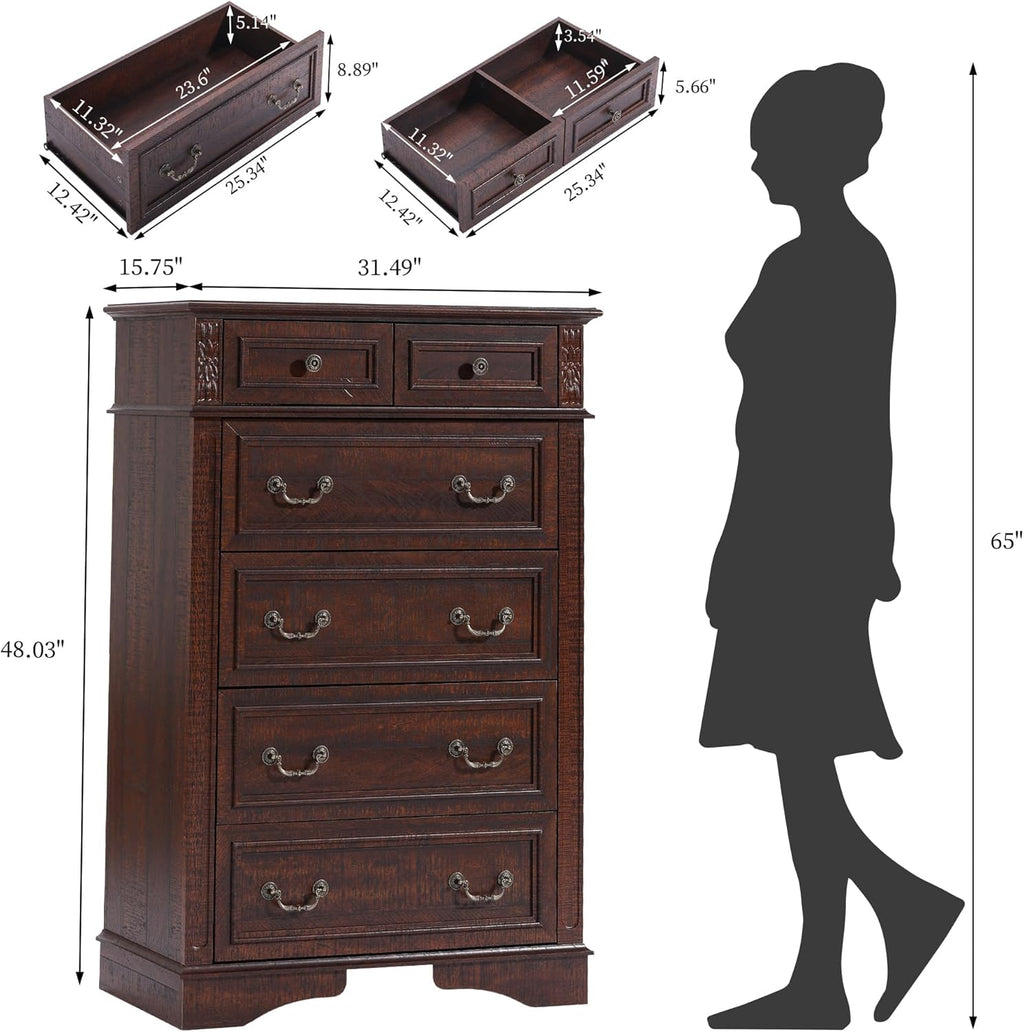 Farmhouse Dresser and Nightstand Sets, 6-Drawer with 7 Drawer Dresser & 3 Drawer Nightstand Sets, 4 Pieces Rustic Wood Bedroom Furniture Set for Home, Bedroom, Hallway(Dark Brown)