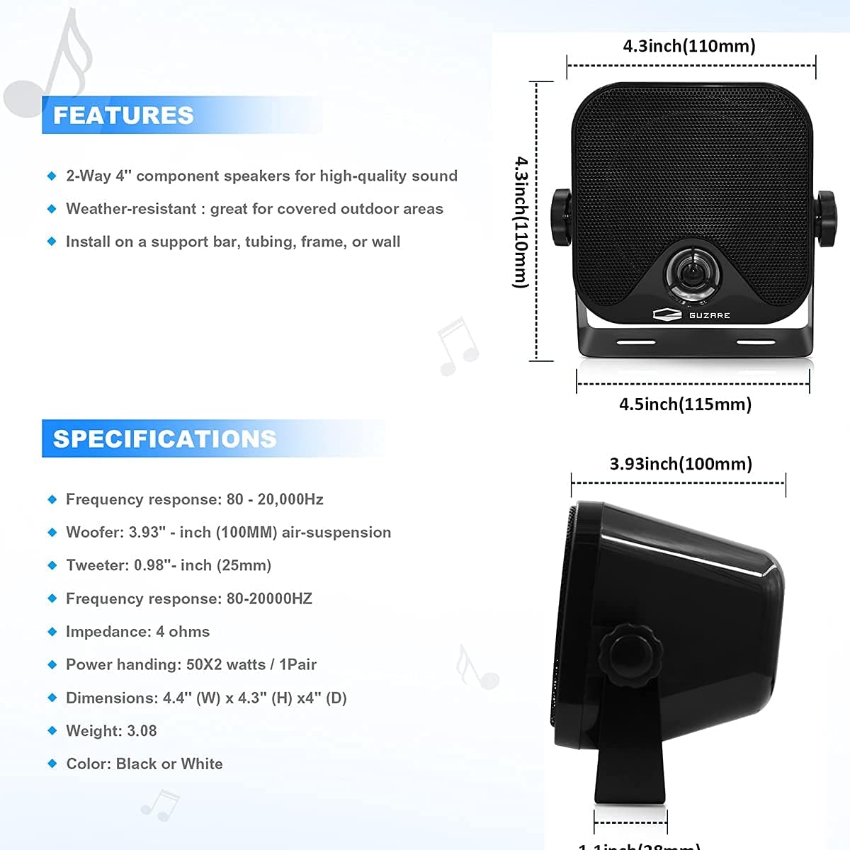 Boats Marine Radio Bluetooth and Speakers Audio System Package - Waterproof Marine Stereo Receiver+ 1 Pari 4 inches Black Speakers + Antenna for Boats ATV UTV Motorcycle 306.301B.056B