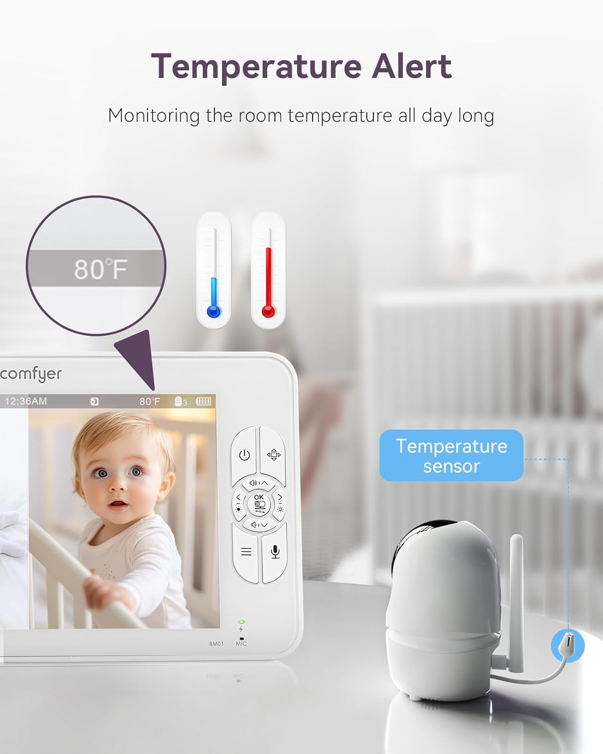 Comfyer BM01 7" HD Split-Screen Baby Monitor with 2 1080P Cameras, 48 Hrs 6000mAh Battery Runs 2 Days in VOX Mode, No WiFi Monitor with a Flexible Bracket, 2 Way Audio, Remote PTZ, Auto Night Vision