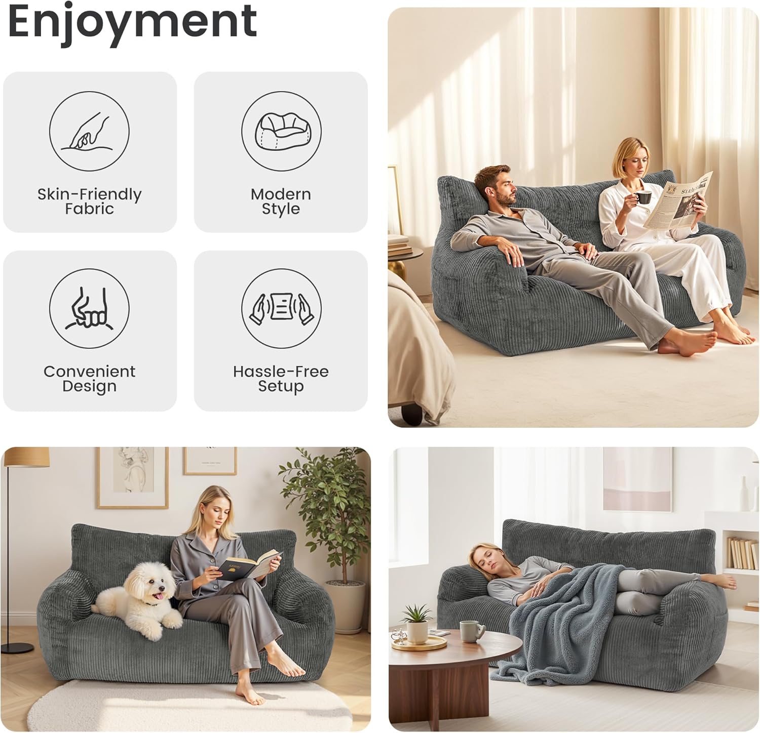 Pamapic 59" Bean Bag Chair,2 Seat Loveseat Sofa,Ultra Soft Dutch Velvet,Fluffy Comfort Washable Cover,Corduroy Lazy Sofa Bed for Adults,Fit Living Room, Bedroom,Outdoor Spaces,72h Rebound,Gray