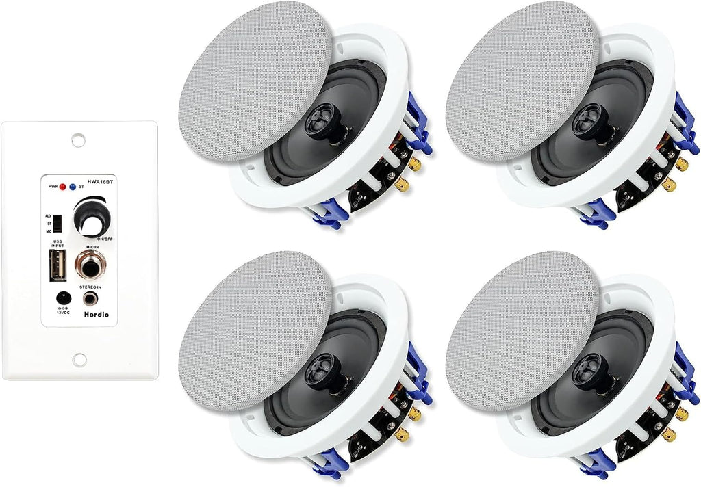 Herdio 5.25 Inch Bluetooth Ceiling Speakers Max Power 600W 2-Way Flush Mount Plus Wall Mount Amplifier Receiver Suitable for Home Theater Bathroom Living Room Kitchen Office(4 Speakers)