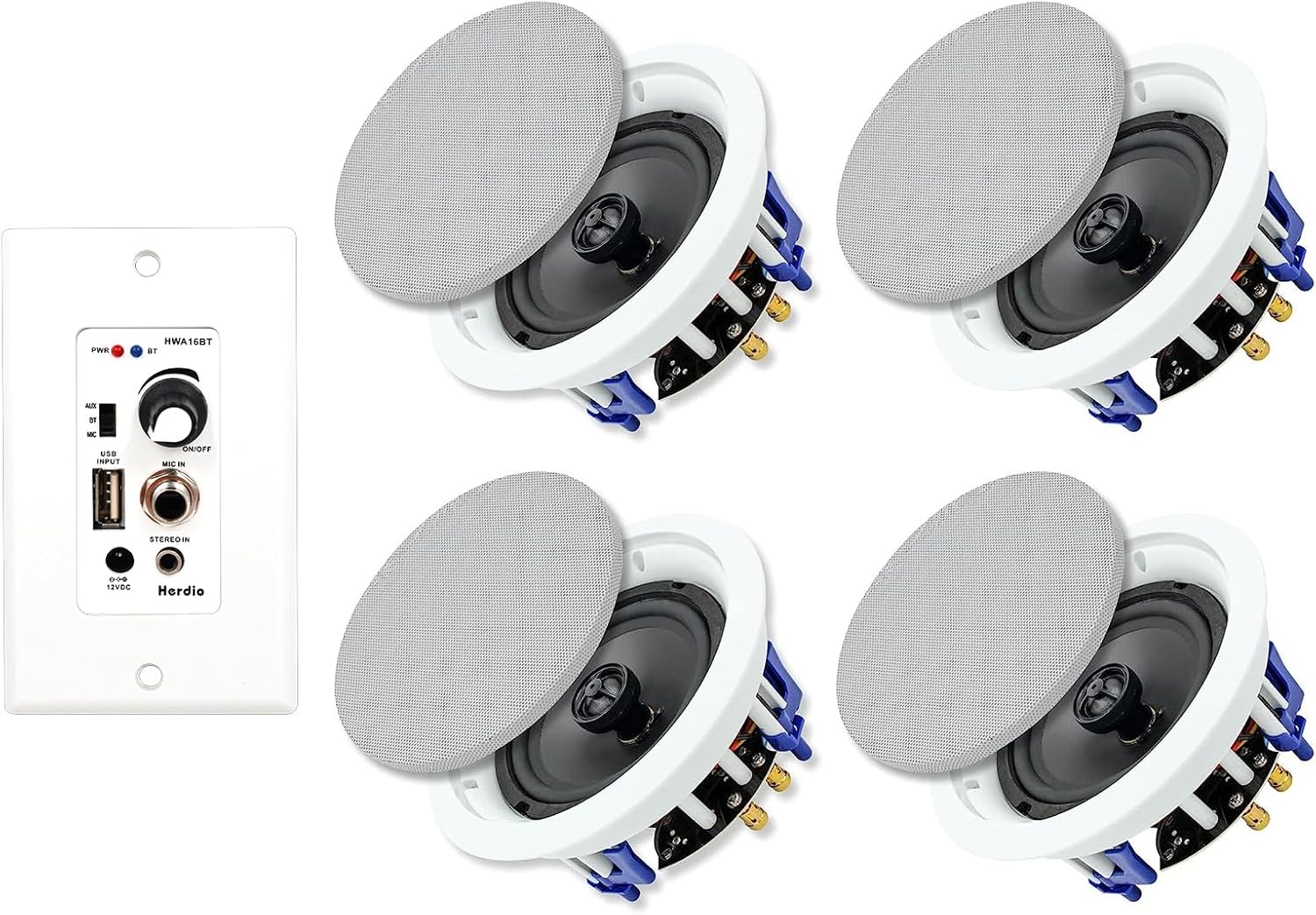 Herdio 5.25 Inch Bluetooth Ceiling Speakers Max Power 600W 2-Way Flush Mount Plus Wall Mount Amplifier Receiver Suitable for Home Theater Bathroom Living Room Kitchen Office(4 Speakers)