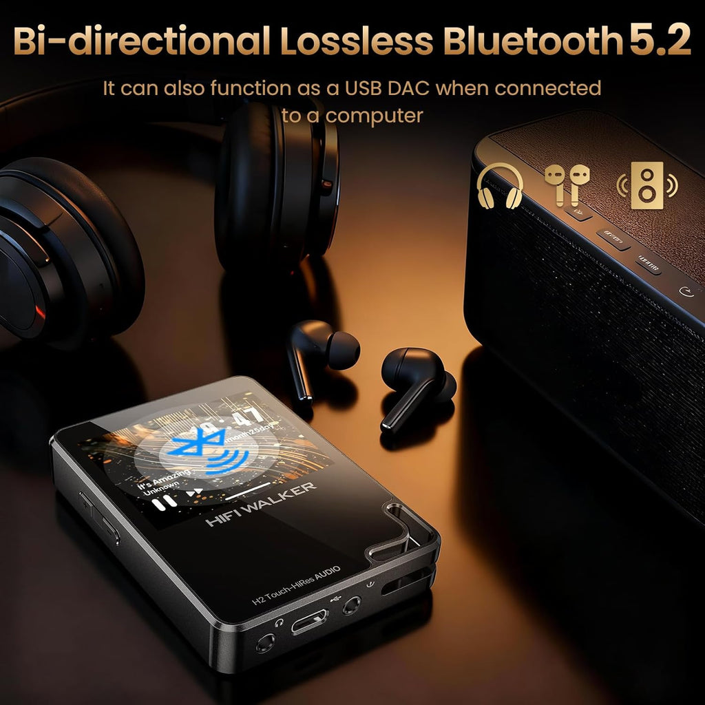 HIFI WALKER H2 Touch Hi-Res MP3 Player with Bluetooth, 2.4" HD Touchscreen, Lossless DSD FLAC Music Player, 64GB Memory Card Included, Supports up to 512GB