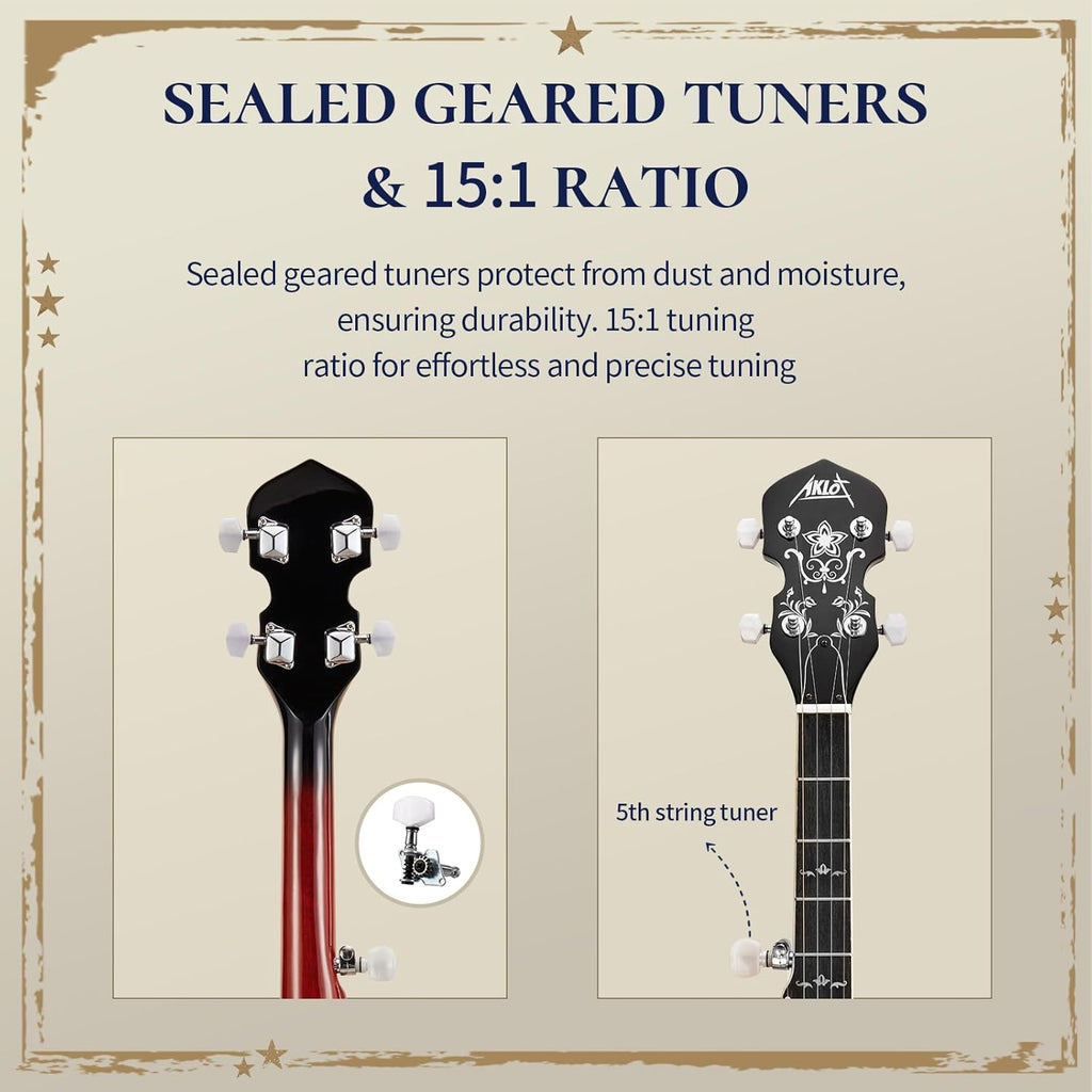 AKLOT Full-Sized Banjo Set: 38'' 5 String Banjo with Remo Head, Removable Resonator, Geared 5th Tuner, 24 Brackets, Deluxe Beginner Kit with Gig Bag, Strings, Strap, Picks, Tuner, Bridge Ruler