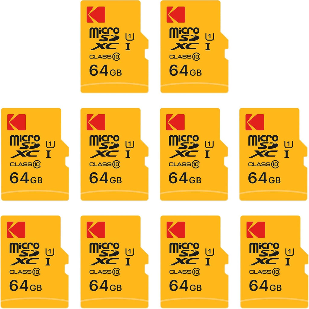Kodak 64GB 10-Pack MicroSDXC Card, Class 10 UHS-I U1, with Adapter 10x Write Speed (10-Pack)