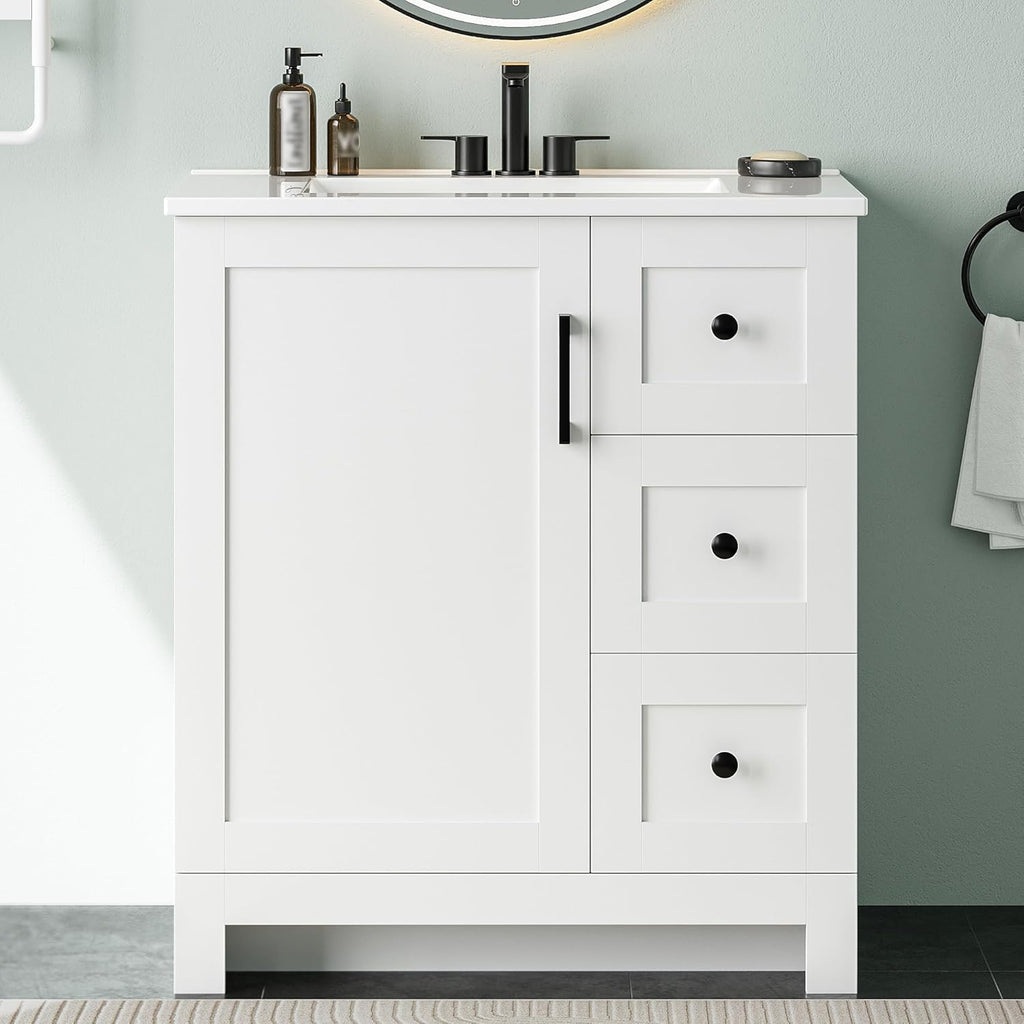 LIKIMIO 30" Bathroom Vanity with Sink, Freestanding Bathroom Vanity with 1 Soft-Close Door & 2 Drawers, Integrated Rectangular Ceramic Sink, Modern Bathroom Storage Cabinet, Easy Assembly, White