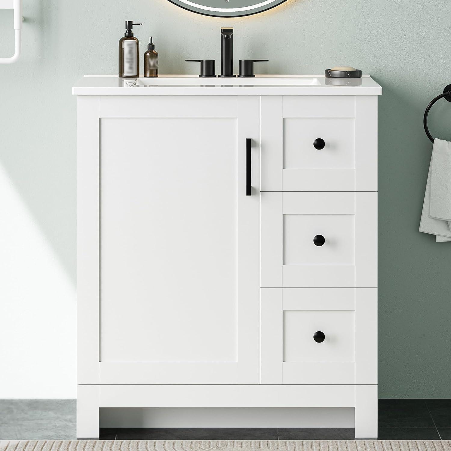 LIKIMIO 30" Bathroom Vanity with Sink, Freestanding Bathroom Vanity with 1 Soft-Close Door & 2 Drawers, Integrated Rectangular Ceramic Sink, Modern Bathroom Storage Cabinet, Easy Assembly, White