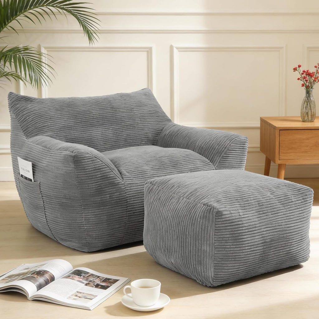 Oversized Bean Bag Chair with Ottoman, Bean Bag Couch with 2 Side Pockets, Corduroy Boneless Couch Chair in a Box, Comfy Lounge Chair for Living Room, Bedroom, Dorm, Gray