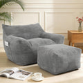 Oversized Bean Bag Chair with Ottoman, Bean Bag Couch with 2 Side Pockets, Corduroy Boneless Couch Chair in a Box, Comfy Lounge Chair for Living Room, Bedroom, Dorm, Gray