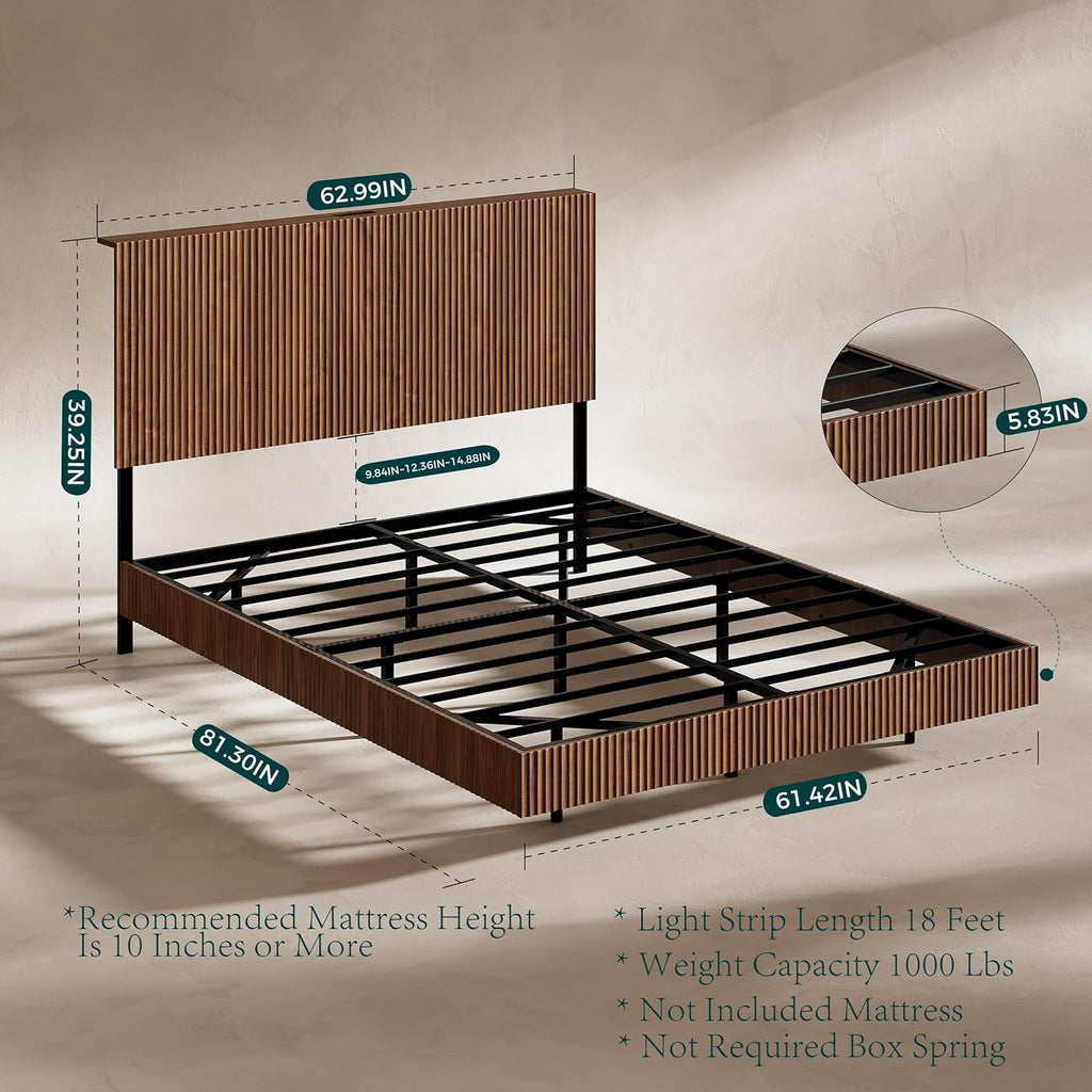 Evermagin Walnut Queen Floating Bed Frame with Headboard, Mid Century Modern Fluted Platform Bed with LED Lights, Heavy Duty Floating Bedframe with Charging Station, No Box Spring Needed