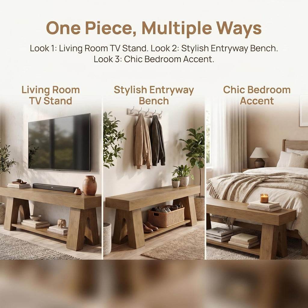 Tribesigns Wooden TV Stand for TVs up to 65'', Natural Brown Modern Entertainment Center with Lower Open Shelf, 63" Farmhouse TV Media Console for Living Room, Bedroom or Home Office