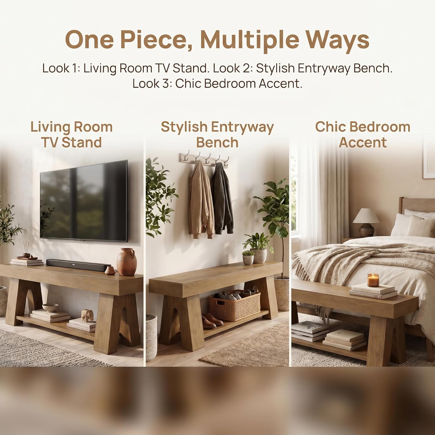 Tribesigns Wooden TV Stand for TVs up to 65'', Natural Brown Modern Entertainment Center with Lower Open Shelf, 63" Farmhouse TV Media Console for Living Room, Bedroom or Home Office