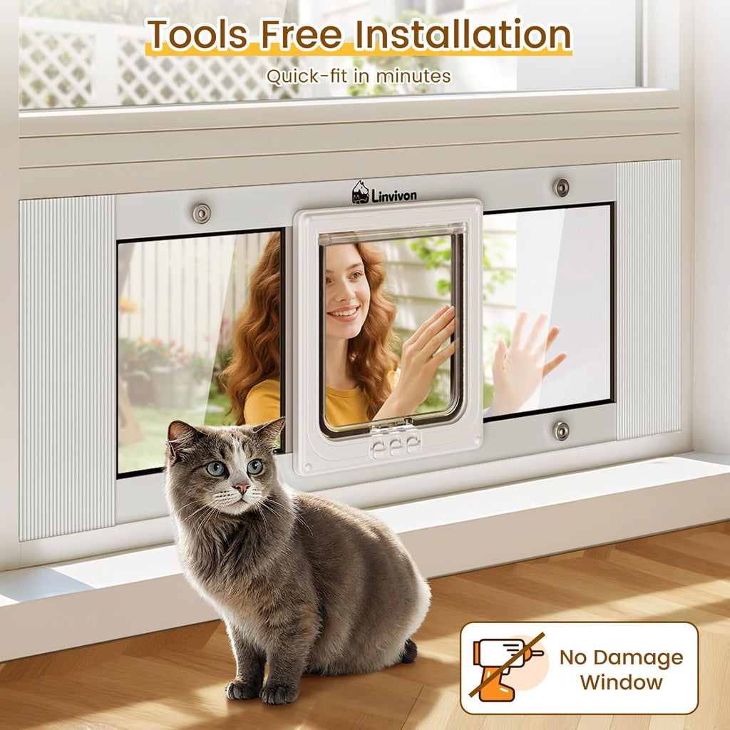 Cat Door for Window, Quick Installation Adjustable Width of 31"-36", Cat Window Door with 4 Locking Modes, Magnetic Closure Design, Weatherproof Aluminum Frame Cat Door Window Insert