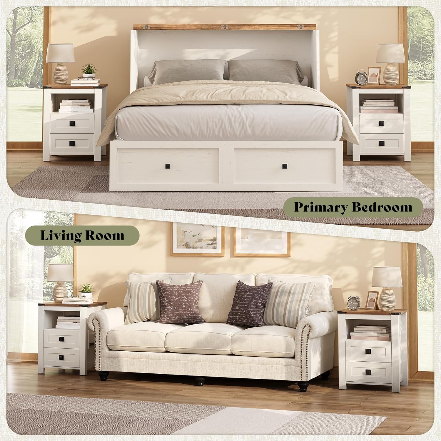 AMERLIFE 5-Piece Farmhouse Bedroom Furniture Set, Dresser & Nightstand Set of 2 with Storage Cabinet & Sideboard, Sliding Barn Door Wood Bedroom Set for Bedroom/Living Room, Distressed White