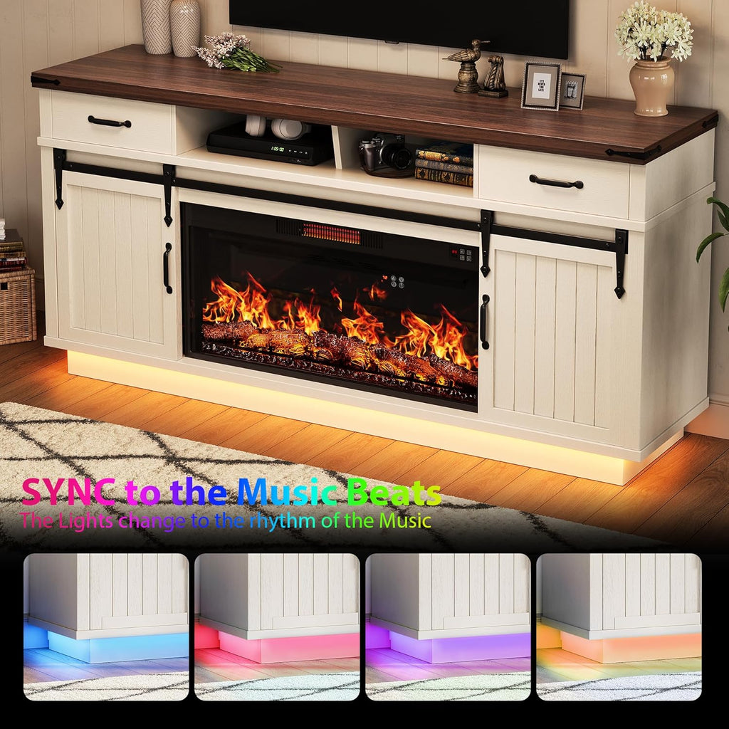 Jocoevol 70'' Fireplace TV Stand with 36'' Electric Fireplace, Tall Farmhouse TV Stand for 65/75 Inch TV, Entertainment Center TV Console with 2 Drawers, Sliding Barn Door for Living Room - White