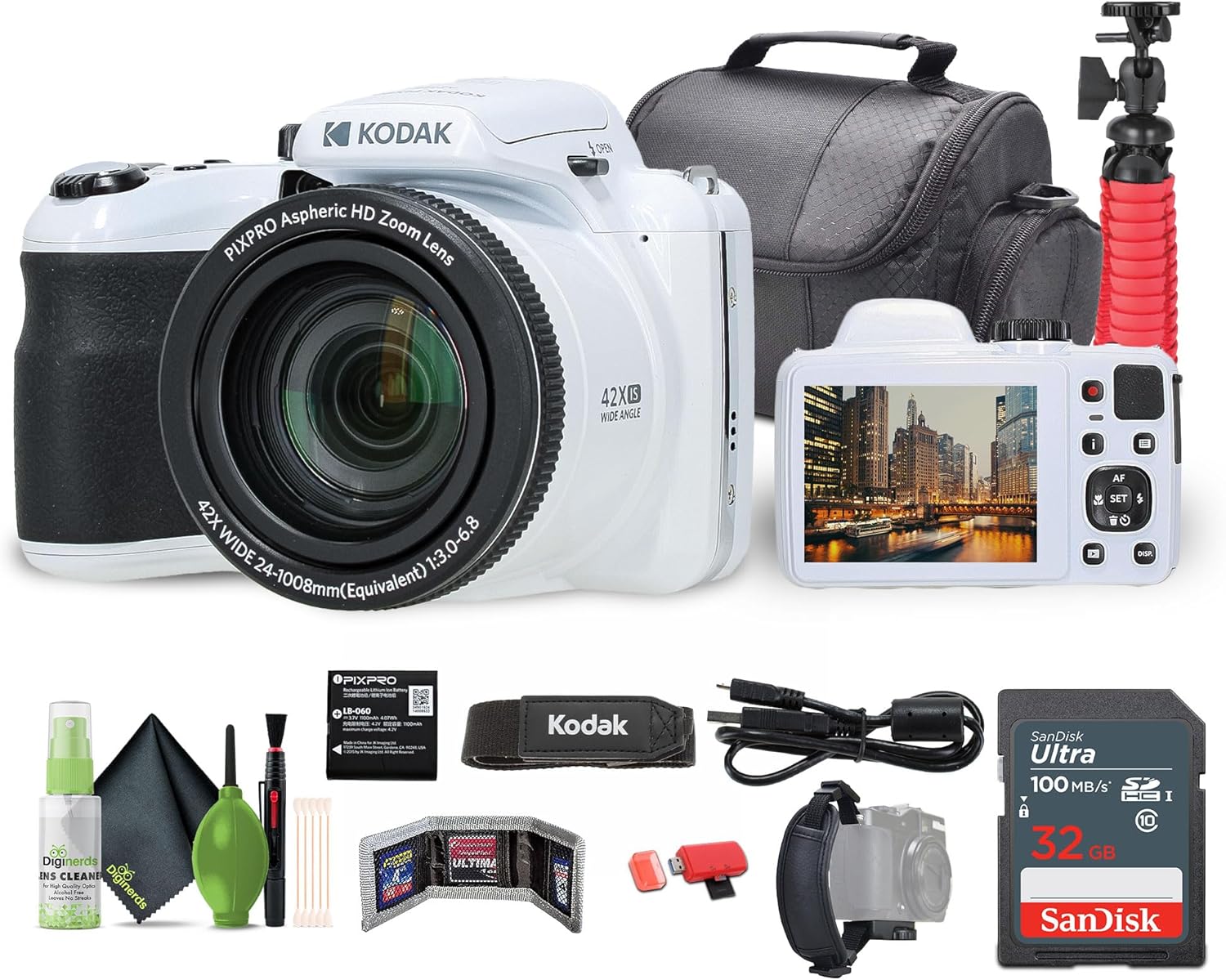 Kodak PIXPRO AZ425 20MP Vlogging Digital Camera (White) 42X Optical Zoom, 24mm Wide Angle Lens Bundle with 32GB Memory Card + Vlogger Tripod + Bag + More Vlog Accessories