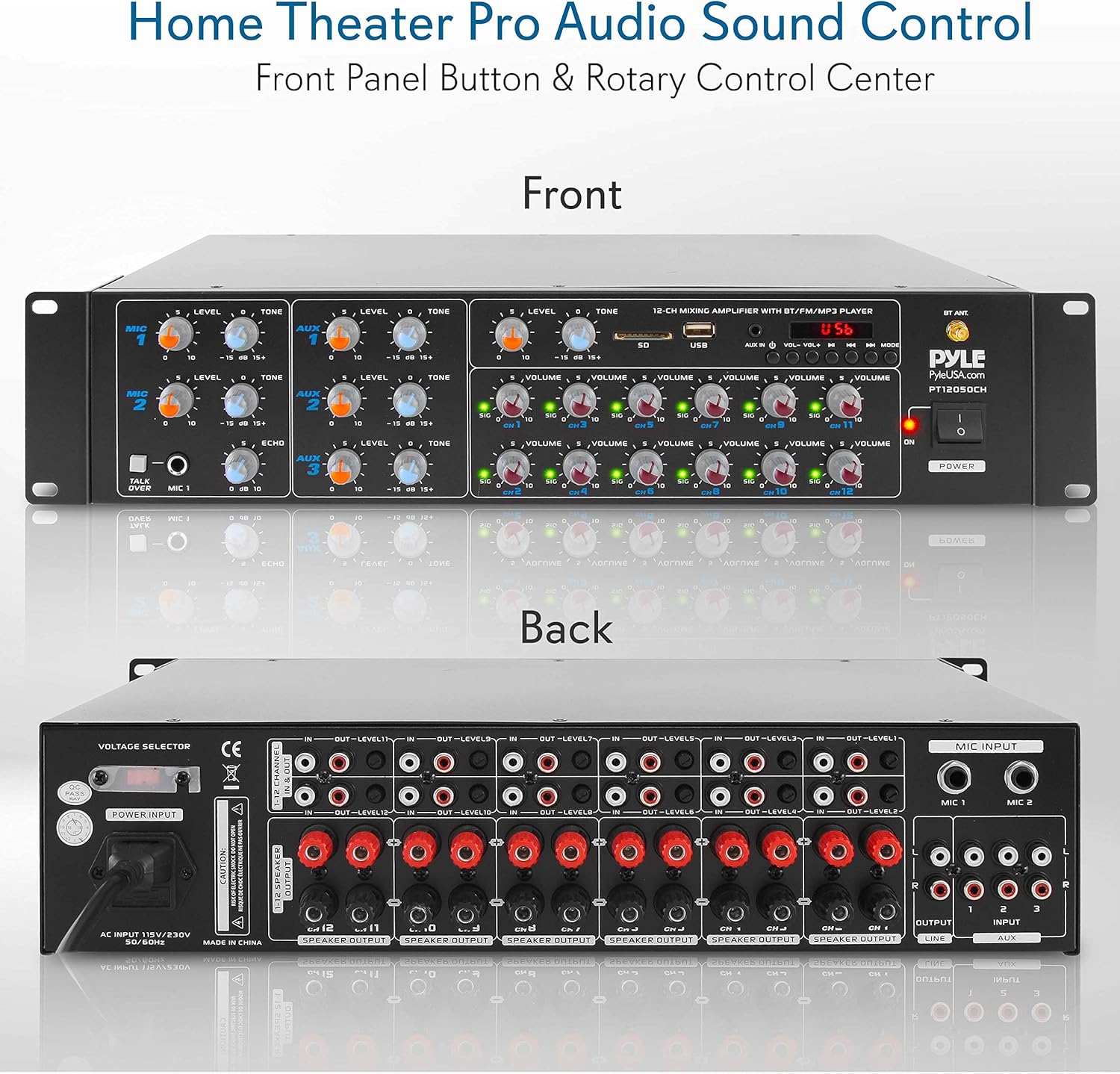 Pyle 12-Channel Wireless Bluetooth Power Amplifier - 6000 Watts Maximum Power Output, Multi-Zone Audio Source Mixer Receiver with USB, SD, AUX Inputs, and Digital LED Display Panel - PT12050CH.5