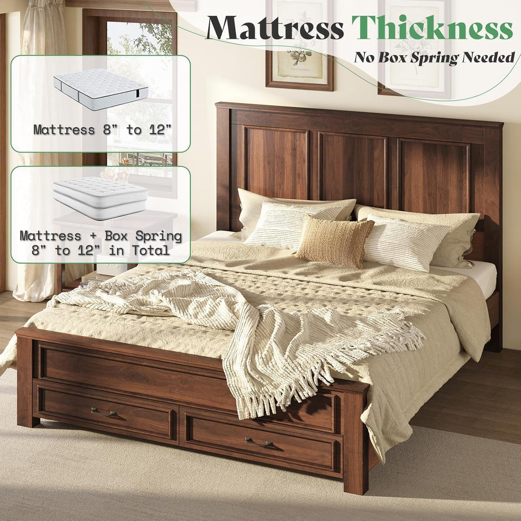 AMERLIFE Farmhouse Queen Size Bed Frame with 52.2" Tall Headboard & Footboard, Wood Platform Bed Frame with 2 Large Storage Drawers, Noiseless, No Box Spring Needed, Rustic Brown