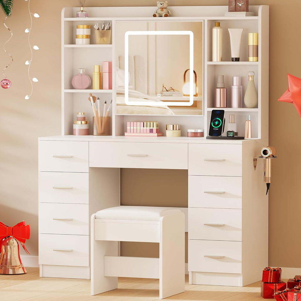 BEWISHOME Vanity Desk with Mirror and Lights, Makeup Vanity Table with Power Outlet,Stool Vanity Table with 9 Drawers 6 Storage Shelves Jewelry Storage,Dressing Table for Bedroom Girls White FST36W