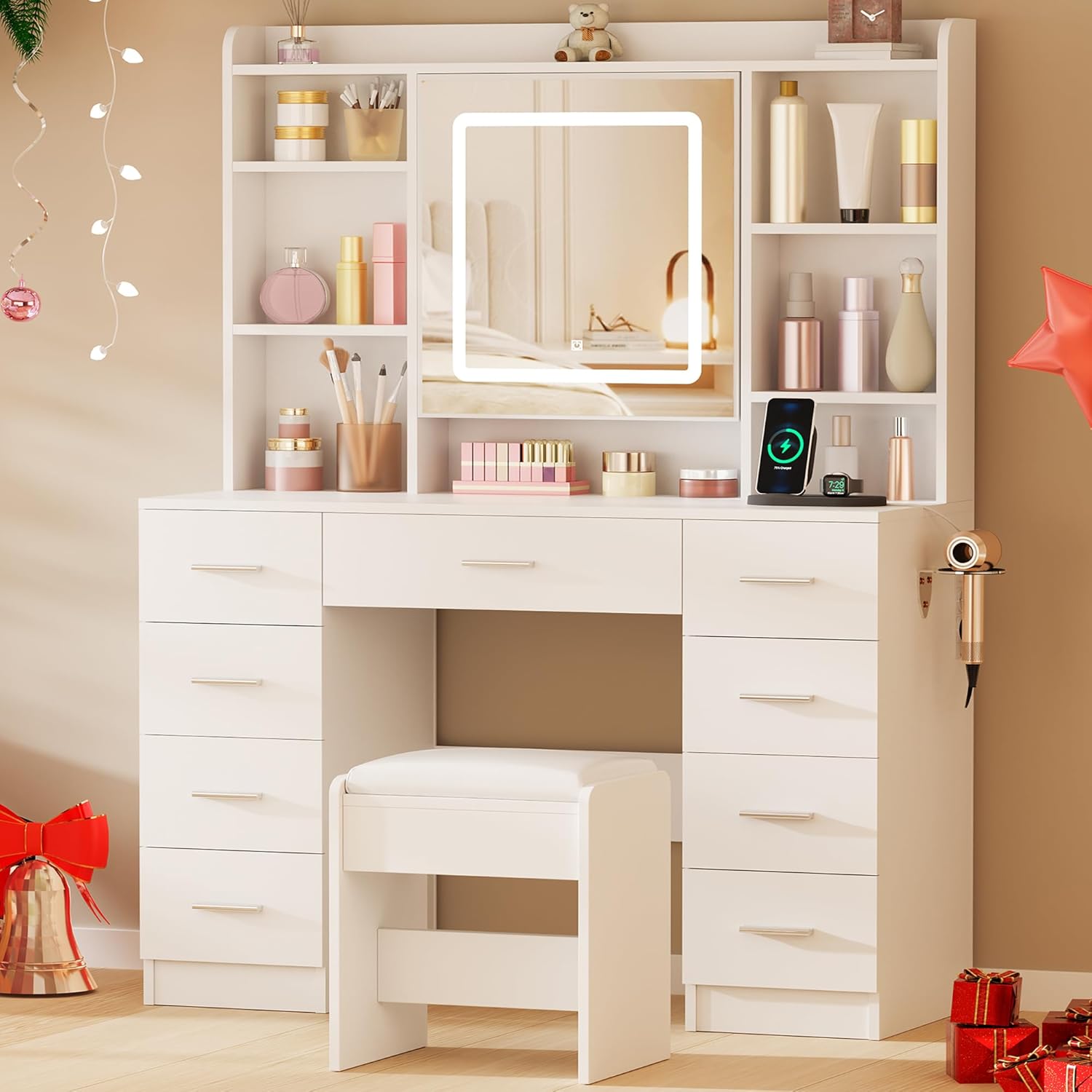 BEWISHOME Vanity Desk with Mirror and Lights, Makeup Vanity Table with Power Outlet,Stool Vanity Table with 9 Drawers 6 Storage Shelves Jewelry Storage,Dressing Table for Bedroom Girls White FST36W