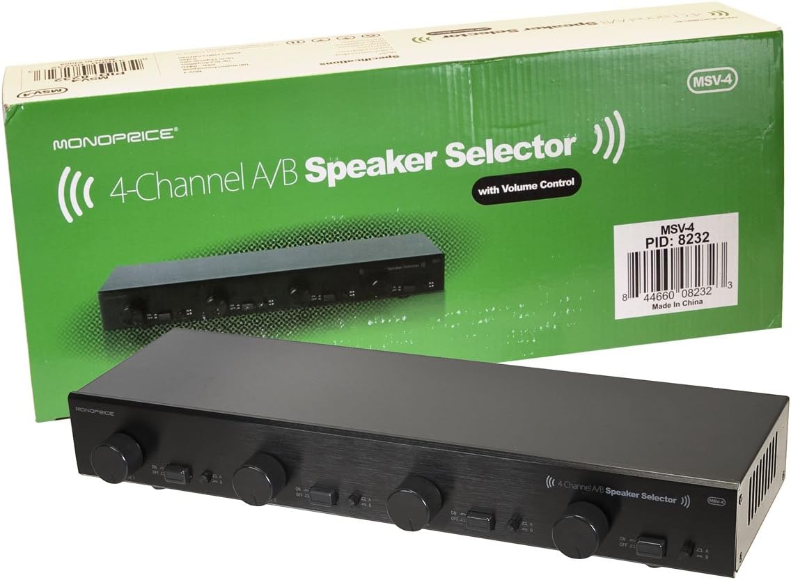 Monoprice 4-Channel A/B Speaker Selector - Black With Volume Control, 100 Watts Per Channel, Accepts Wire Gauges Up To 14AWG, Maintains 8 Ohms