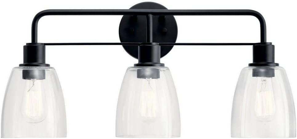 Kichler Meller 24 in 3-Light Bathroom Vanity Light Fixture with Clear Glass in Black for Modern Bathroom Lighting over Mirror, Wall Mount Sconce (7 in x 11.25 in x 24 in), 55102BK