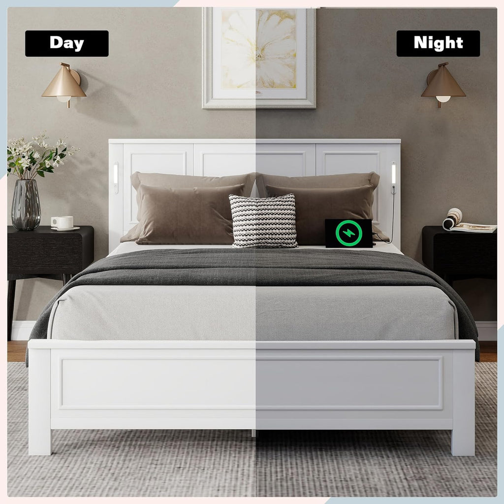 Queen Size Platform Bed Frame, Heavy Duty Pinewood Bedframes with Tall-Panel Headboard and Footboard, Built-in LED Lights/USB Charging Station/No Box Spring Needed, White