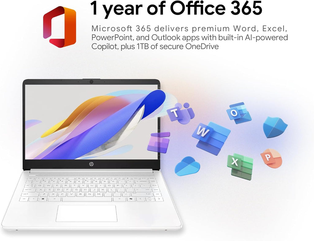 HP 14" Laptop · 576GB Storage · Microsoft 365 Included · 64GB + 512GB SD · 8GB RAM · HD Display · 12-Hour Battery · WiFi · Bluetooth · Windows 11 White