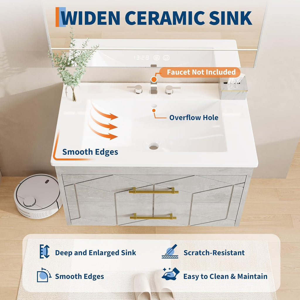IDEALHOUSE Floating Bathroom Vanity with Sink 24 inch, Modern Bathroom Sink Cabinet, Ceramic Vanity Top, 2 Large Storage Drawers with Gold Metal Handle, Easy to Assembly, Grey