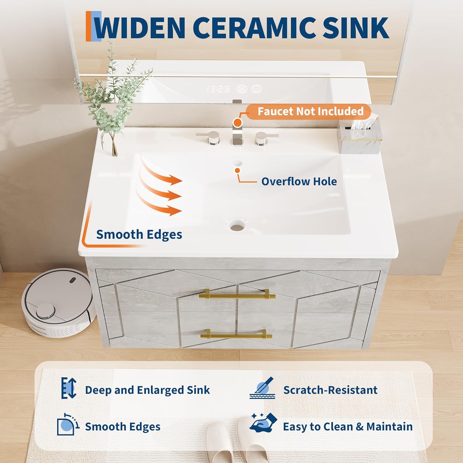 IDEALHOUSE Floating Bathroom Vanity with Sink 24 inch, Modern Bathroom Sink Cabinet, Ceramic Vanity Top, 2 Large Storage Drawers with Gold Metal Handle, Easy to Assembly, Grey