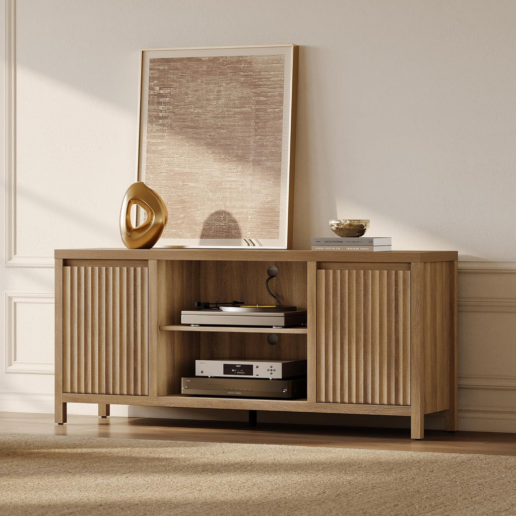 SICOTAS Fluted TV Stand for 55 65 inch TV - Large TV Consoles for Living Room Bedroom, Mid Century Modern Entertainment Center with Storage Cabinet, Wooden Television Stands Media Console, Caramel Oak