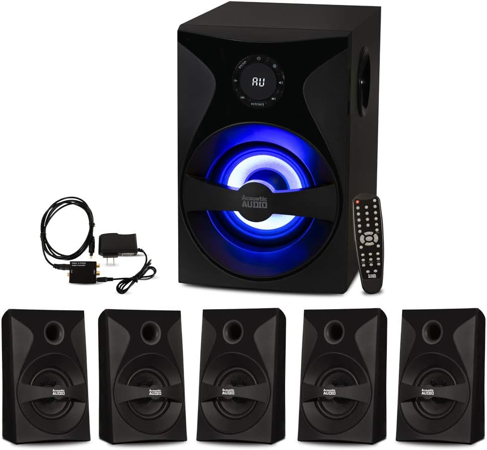 Goldwood Bluetooth 5.1 Surround Sound Home Theater Speaker System with LED Display, FM Tuner, USB/SD Inputs - 6-Piece Set with Remote Control, Black