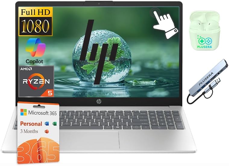 HP 15.6" FHD Touchscreen Laptop Computer with Microsoft Office 365, Windows 11 Laptop, AI Copilot, AMD Ryzen 5 Processor, PLUSERA Earphones, Silver (Silver, 8GB RAM | 1TB Storage)